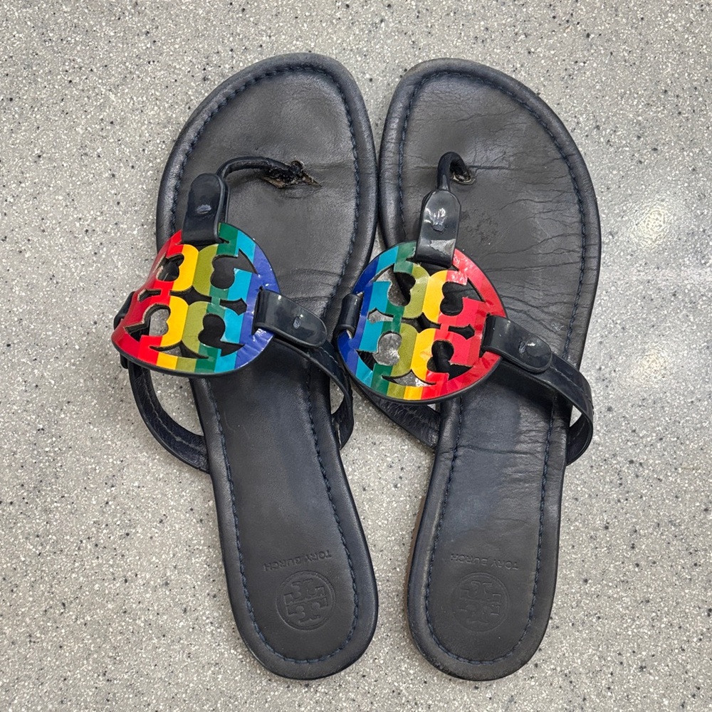 Tory Burch Black Sandals with Rainbow Logo